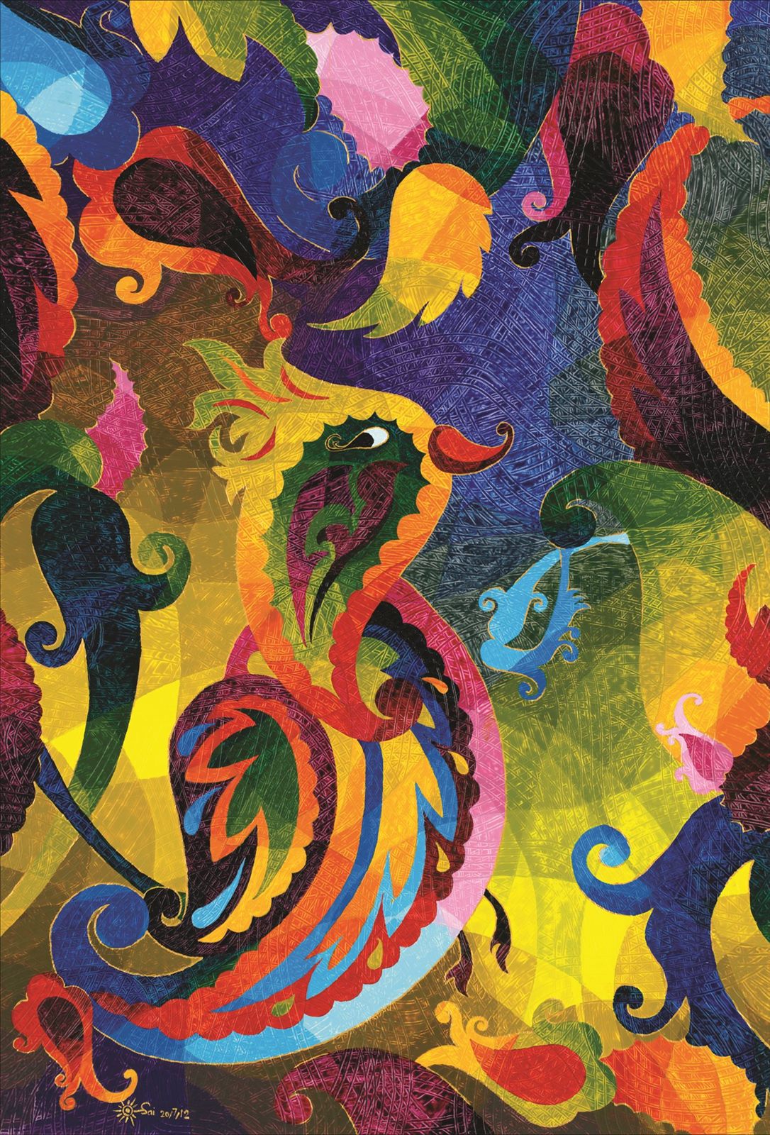 Bird of Happiness — a vivid acrylic painting of a geometric Persian bird motif