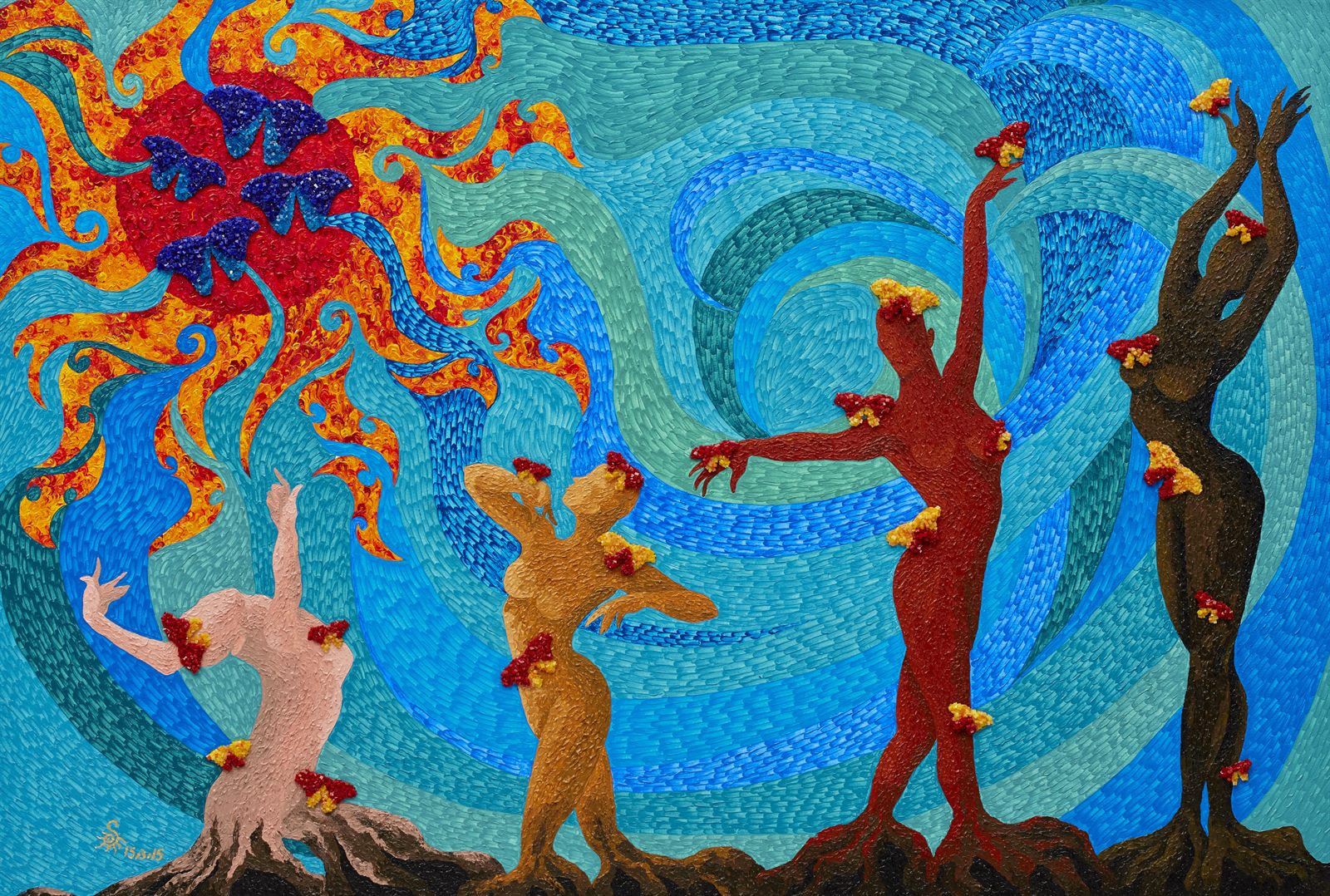 Freedom — a painting of four women in different skin tones rooted like trees, reaching toward the sun
