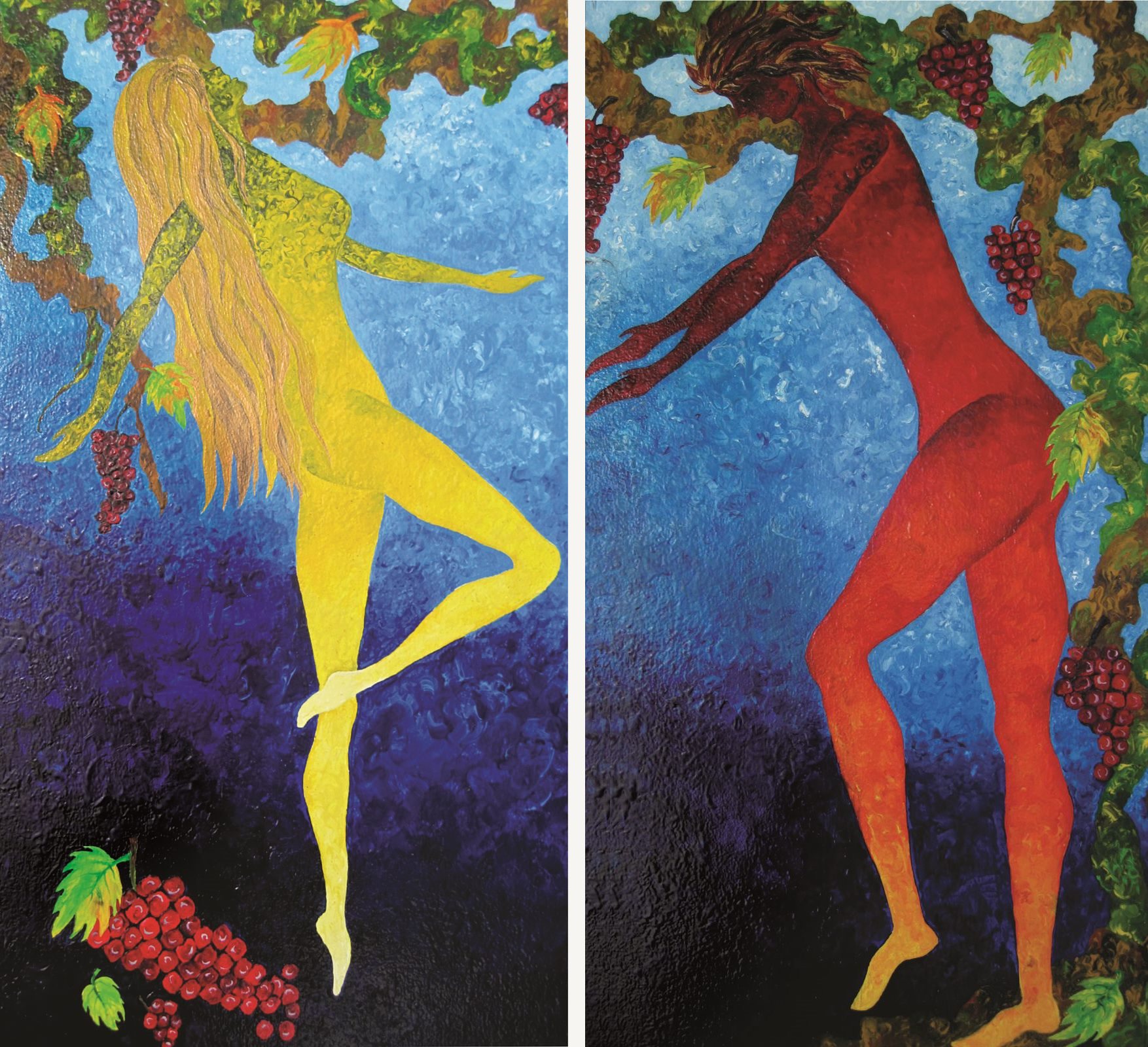 Heaven — a diptych of two figures, golden and red, facing each other among the vines